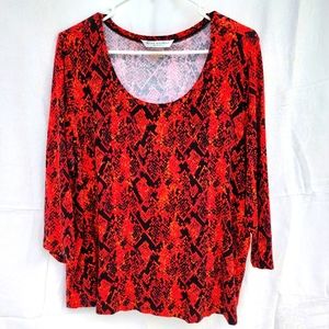 Peter Nygard 1X womens top 3/4 sleeve length, red black knit 96 Rayon 4% Spandex